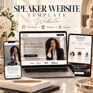 Könnte beinhalten: Eine Website-Vorlage für Redner, dargestellt auf einem Laptop, einem Tablet und einem Smartphone. Die Bildschirme zeigen den Namen Jessica Robert, den Text More Than a Talk, It's an Experience sowie Logos von Forbes, Oprah, TEDx und Black Enterprise.
