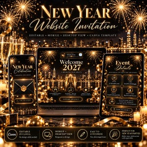 May include: A digital New Year website invitation template featuring gold fireworks and city skyline graphics on a black background. The display shows mobile and desktop layouts with text including Welcome 2027, Event Details, and Canva branding.