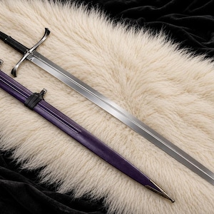 Medieval Longsword, 40-Inch Silver-Tone Blade with Purple Scabbard for Fantasy Display