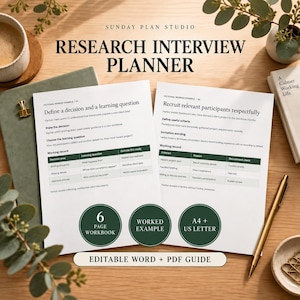 May include: A Research Interview Planner by Sunday Plan Studio featuring two white pages with black text and dark green tables. The document includes sections for defining decisions, learning questions, and participant recruitment. It is an editable Word and PDF guide.