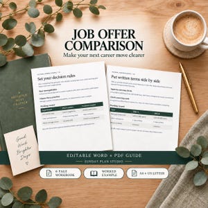 May include: A job offer comparison guide featuring two white pages with black text, tables, and headers. The document includes sections titled Set your decision rules and Put written terms side by side, alongside a small card with the text Good Work Brighter Days.