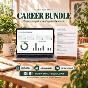 May include: A digital career bundle kit featuring a laptop displaying a job search dashboard, a printed resume for Morgan Ellis, and a mug labelled Plan Apply Grow. Includes 36 Word files, a job search tracker, and interview worksheets in Word, Excel, and PDF.