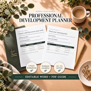 Può includere: Un quaderno di sviluppo professionale con due pagine bianche con testo nero, tabelle e intestazioni come Choose a skill that serves your work e Find your starting point. Include etichette per 6 page workbook, worked example e A4 + US letter.