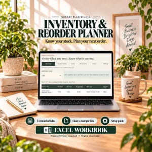 May include: A digital inventory and reorder planner Excel workbook displayed on a laptop screen. The screen shows a dashboard with columns for items, stock on hand, and order suggestions. The text reads Sunday Plan Studio Inventory & Reorder Planner.