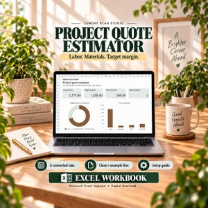 May include: A laptop displaying a Project Quote Estimator Excel workbook with data tables, a donut chart, and a bar graph. The screen shows estimated costs, suggested quotes, and profit figures. Below the laptop, text reads Excel Workbook.