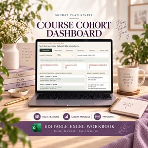 May include: A laptop displaying a Course Cohort Dashboard with data on active registrations, capacity, and learner progress. The screen shows text including Sunday Plan Studio, See the learners behind the numbers, and various metrics. An editable Excel workbook digital download.