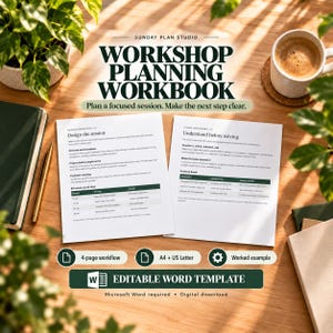 May include: A workshop planning workbook with two white pages featuring black text, tables, and green headers. The pages include the titles Design the session and Understand before solving. Below are buttons labeled 4-page workflow, A4 + US Letter, Worked example, and Editable Word Template.