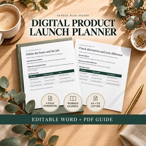 Może przedstawiać: Cyfrowy planer wprowadzania produktu na rynek zawierający dwie białe strony z czarnym tekstem, tabelami i trzema okrągłymi ikonami z napisami 6 Page Workbook, Worked Example oraz A4 + US Letter, w formie edytowalnego dokumentu Word i PDF.
