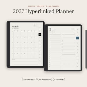 Könnte beinhalten: Ein digitaler, hyperverlinkter Planer für 2027 für E-Ink-Tablets, der zwei Bildschirmansichten mit einem Monatskalender für März und einer Tagesplanungsseite mit seitlicher Navigationsleiste sowie einen Eingabestift zeigt. 529 verlinkte Seiten.