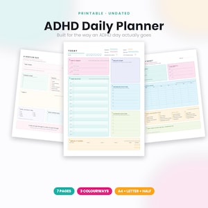 Może przedstawiać: Zestaw planerów dziennych ADHD do druku, składający się z trzech stron z pastelowymi sekcjami na zadania, bloki czasowe i rutyny. Tekst zawiera 'ADHD Daily Planner', 'A Gentler Day', 'Today' oraz 'Daily Reset'.