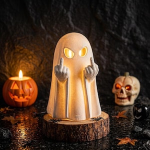 Peut inclure: Une figurine de fantôme couleur crème avec des yeux jaunes lumineux, montrant ses deux majeurs, fixée sur une base en bois circulaire. Le fantôme a une forme lisse et arrondie, éclairé de l'intérieur, diffusant une lumière chaude.