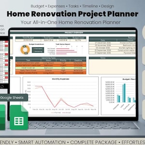 May include: A digital Home Renovation Project Planner displayed on a laptop and smartphone screen. The interface features budget breakdowns, task status reports, upcoming task lists, monthly expense line graphs, and bar charts for planning.