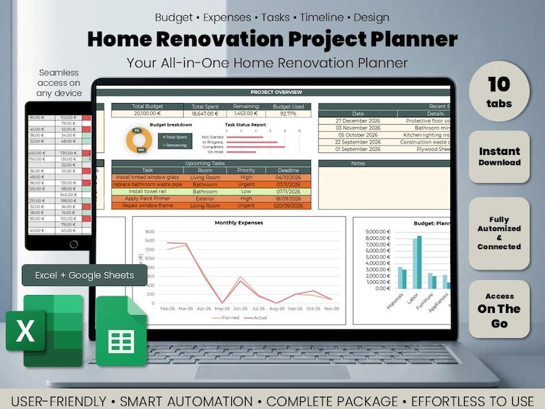 May include: A digital Home Renovation Project Planner displayed on a laptop and smartphone screen. The interface features budget breakdowns, task status reports, upcoming task lists, monthly expense line graphs, and bar charts for planning.