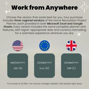 May include: A digital Home Renovation Project Planner graphic with the text Work from Anywhere. It displays three regional versions for Microsoft Excel and Google Sheets, featuring flags for the US, EU, and UK with date and currency formats.