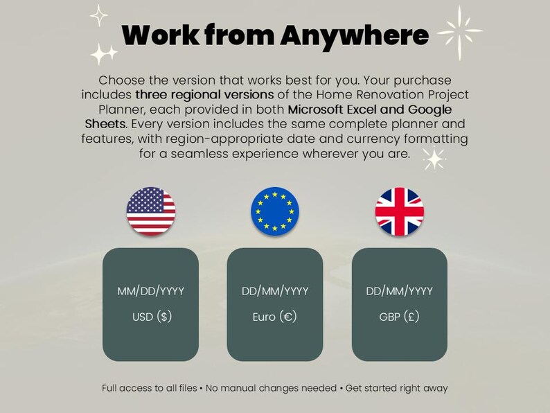 May include: A digital Home Renovation Project Planner graphic with the text Work from Anywhere. It displays three regional versions for Microsoft Excel and Google Sheets, featuring flags for the US, EU, and UK with date and currency formats.