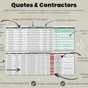 May include: A digital home renovation project planner template featuring two tables for tracking contractor quotes and contact details. The layout includes columns for contractor names, categories, descriptions, costs, dates, and status updates with color-coded cells.