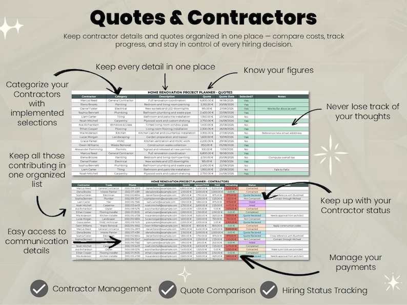 May include: A digital home renovation project planner template featuring two tables for tracking contractor quotes and contact details. The layout includes columns for contractor names, categories, descriptions, costs, dates, and status updates with color-coded cells.
