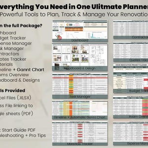 May include: A digital home renovation planner package featuring ten tools including a dashboard, budget tracker, expense manager, task manager, contractor list, quotes tracker, materials list, timeline with Gantt chart, room overview, and moodboard.
