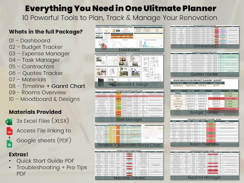 May include: A digital home renovation planner package featuring ten tools including a dashboard, budget tracker, expense manager, task manager, contractor list, quotes tracker, materials list, timeline with Gantt chart, room overview, and moodboard.