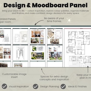 May include: A Design & Moodboard Panel featuring a grid of interior design layouts, floor plans, and color palettes. The panel includes sections for organized rooms, customizable image inserts, and master plans to assist with design planning.