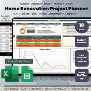 May include: A digital home renovation project planner displayed on a laptop screen, featuring budget, expenses, tasks, and timeline tracking. The interface includes charts, tables, and status reports, with icons for Excel and Google Sheets integration.