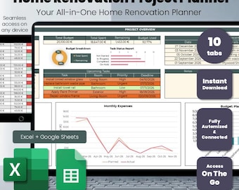 May include: A digital home renovation project planner displayed on a laptop screen, featuring budget, expenses, tasks, and timeline tracking. The interface includes charts, tables, and status reports, with icons for Excel and Google Sheets integration.