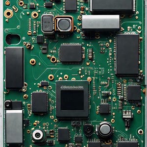 Könnte beinhalten: Eine grüne Leiterplatte mit einer komplexen Anordnung elektronischer Bauteile, darunter schwarze rechteckige Mikrochips, silberne Metallkondensatoren, kupferfarbene Spulen und verschiedene kleine Lötverbindungen.