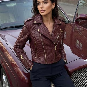 Womens Burgundy Snakeskin Leather Biker Jacket | Luxury Python Pattern Biker Coat | Gold Hardware Leopard Lining Jacket