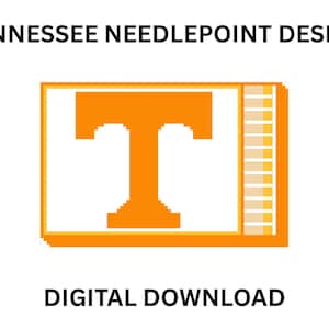 May include: A digital needlepoint design featuring the text TENNESSEE NEEDLEPOINT DESIGN at the top and DIGITAL DOWNLOAD at the bottom. The central graphic is a blocky orange letter T on a white rectangular background with an orange border.