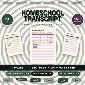 Op de afbeelding: Een digitale homeschool transcript planner set met 51 pagina's en 1122 stickers. De lay-out bevat een cursusoverzicht, cumulatieve samenvatting en activiteiten. Het is invulbaar, printbaar en Goodnotes-klaar in A4 en US Letter formaat.