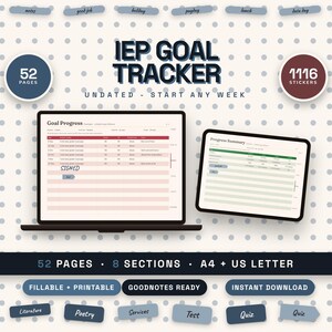 Puede incluir: Un conjunto de seguimiento de objetivos IEP digital con un portátil y una tableta que muestran gráficos de progreso. Incluye 52 páginas, 1116 pegatinas y etiquetas de texto como 'Goal Progress', 'Progress Summary' y 'Goodnotes Ready'.