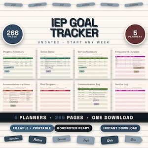 Op de afbeelding: Een IEP Goal Tracker digitale planner set met 266 pagina's verdeeld over 5 planners. De lay-out bevat secties voor voortgangssamenvattingen, actiepunten, serviceoverzichten, frequentie en duur, accommodaties en logboeken.
