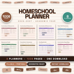 Puede incluir: Un planificador escolar digital para el año académico 2026-2027 con 1008 páginas y 8 planificadores. El diseño incluye secciones para currículo, recursos, escalas de calificación y resúmenes, con pestañas para objetivos, autocuidado y matemáticas.