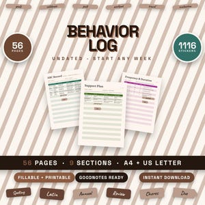 Puede incluir: Un planificador digital de registro de comportamiento con tres páginas de muestra tituladas ABC Record, Support Plan y Frequency & Duration. Incluye 56 páginas, 1116 pegatinas y texto que indica que es rellenable, imprimible y compatible con Goodnotes.
