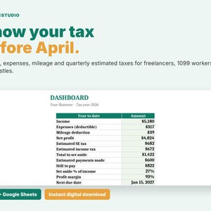 May include: A digital tax dashboard spreadsheet for freelancers titled Know your tax before April. It displays a table with columns for Year to date and Amount, tracking income, expenses, mileage, net profit, and estimated taxes for the 2026 tax year.