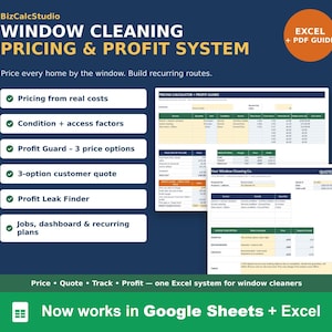 Pode incluir: Um sistema digital de preços e lucros para limpeza de janelas, compatível com Excel e Google Sheets. O gráfico azul escuro mostra recursos como custos reais, profit guard e orçamentos para clientes com planilhas de exemplo.