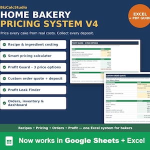 Home Bakery Pricing Calculator | Recipe Cost, Profit Tracker (Excel, Google Sheets)