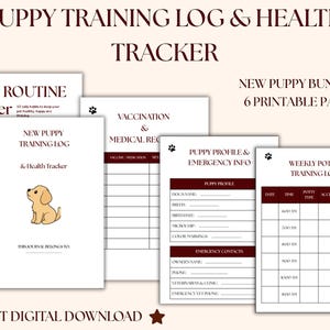 Può includere: Un set di sei pagine stampabili intitolato Puppy Training Log & Health Tracker. Le pagine includono un tracker della routine quotidiana, un registro di addestramento con un'illustrazione di cucciolo, un libretto sanitario e un registro vasino.