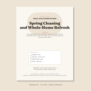 May include: A printable PDF document titled Spring Cleaning and Whole-Home Refresh by CapoKeyStudio. The page features a checklist for home organization systems, including sections for spring edit, deep clean, windows, and light rhythm.