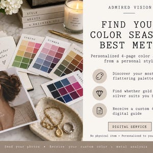 Op de afbeelding: Een digitale serviceadvertentie getiteld ADMIRED VISION FIND YOUR COLOR SEASON + BEST METAL. Het bevat kleurenpaletkaarten voor lente, zomer, herfst en winter, een gouden kettingarmband, een zilveren ring en tekst over een 4-pagina kleurenanalyse.