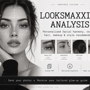 May include: A black and white digital graphic titled LOOKSMAXXING ANALYSIS. It features a face with facial symmetry lines, four smaller images showing facial features, and text including Personalized facial harmony, coloring, hair, makeup & style recommendations, and a button labeled Send your photos • Receive your tailored glow-up guide.