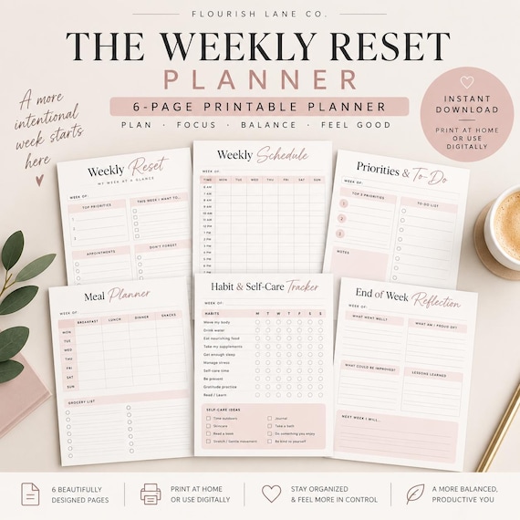 Weekly Reset Planner Printable | Weekly Planner, Meal Planner, Habit Tracker & Self Care Planner | Instant Download PDF