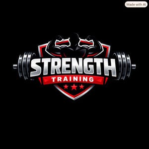 May include: A graphic logo featuring a black silhouette of a muscular figure posing behind a silver barbell. The text STRENGTH TRAINING is displayed in bold white letters over a red shield emblem accented with three small red stars at the bottom.