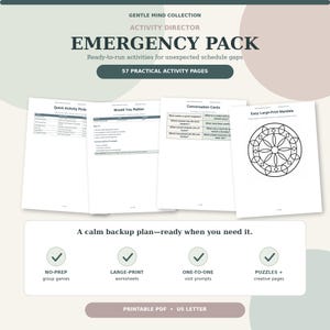 Peut inclure: Un pack d'activités numériques intitulé Gentle Mind Collection Emergency Pack avec 57 pages d'activités pratiques. Comprend des feuilles de travail PDF imprimables au format lettre US avec des choix d'activités, des questions, des cartes de conversation et un mandala.