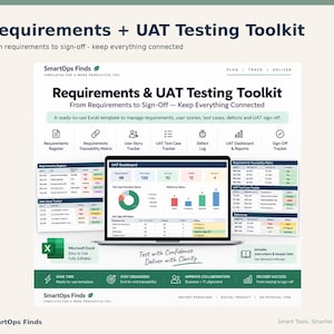 May include: A digital Requirements and UAT Testing Toolkit Excel template by SmartOps Finds. The graphic displays a laptop showing a UAT dashboard, surrounded by icons and tables for requirements, user stories, test cases, and defect logs.