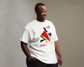 Camiseta unisex blanca comunista con el lema "Para que Palestina viva, el imperialismo debe morir".
