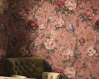 Rosa Chinoiserie-Tapete, Pfingstrosen und Vögel, Vintage-Botanik-Wandbild zum Aufkleben
