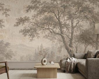Vintage Landscape Wallpaper, Sepia Forest Scenic Wall Mural, Antique Countryside