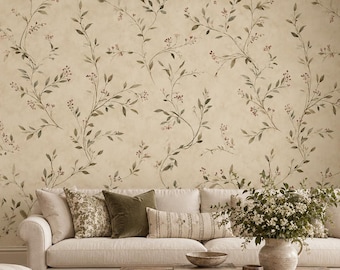 Sage Green Botanical Wallpaper, Beige Vine Peel and Stick, Vintage Floral