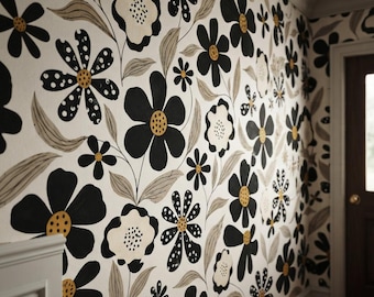 Papel pintado floral abstracto, decoración de pared botánica en negro y crema, papel pintado retro autoadhesivo o tradicional.